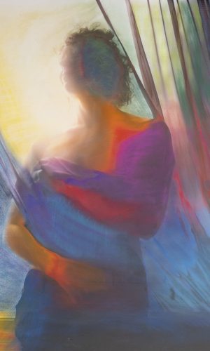 Sekatekniikka teos käyttäen valokuvaa pohjana ja maalaten pastelliväreillä.